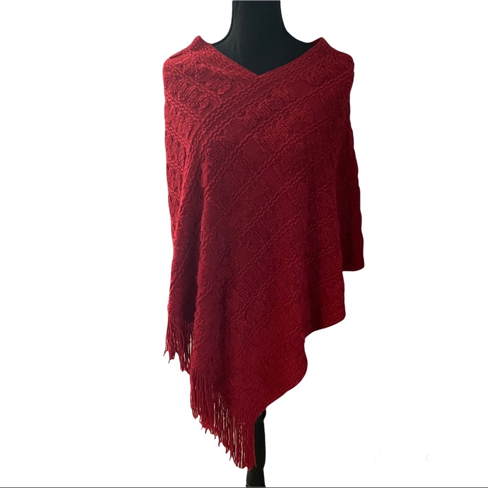 Knit Sweater Poncho Red Fringe Trim OS - Picture 2 of 6